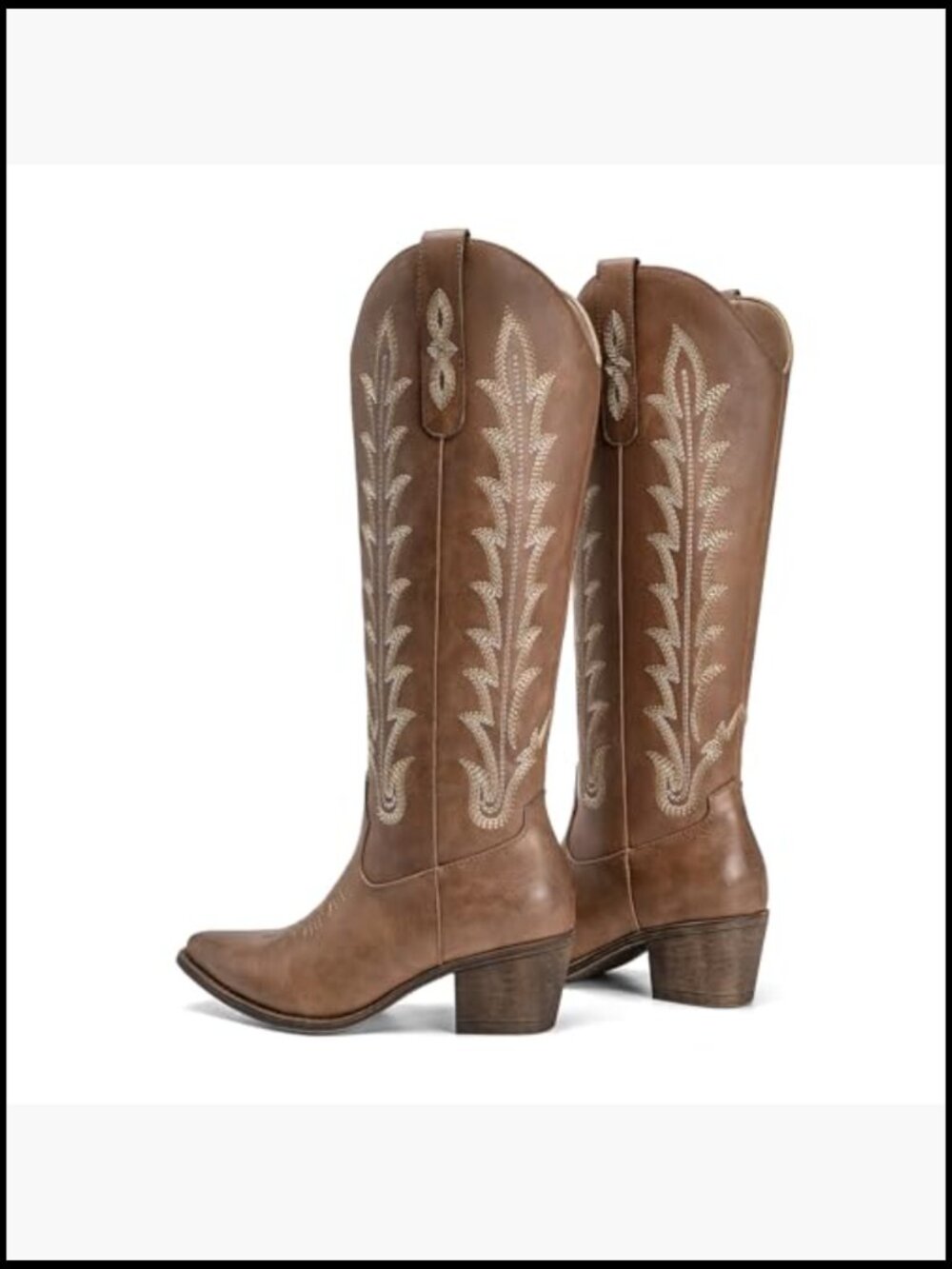 Knee High Cowboy Boots Embroidered Chunky Heel Square Toe Pull On Western - Picture 6 of 7